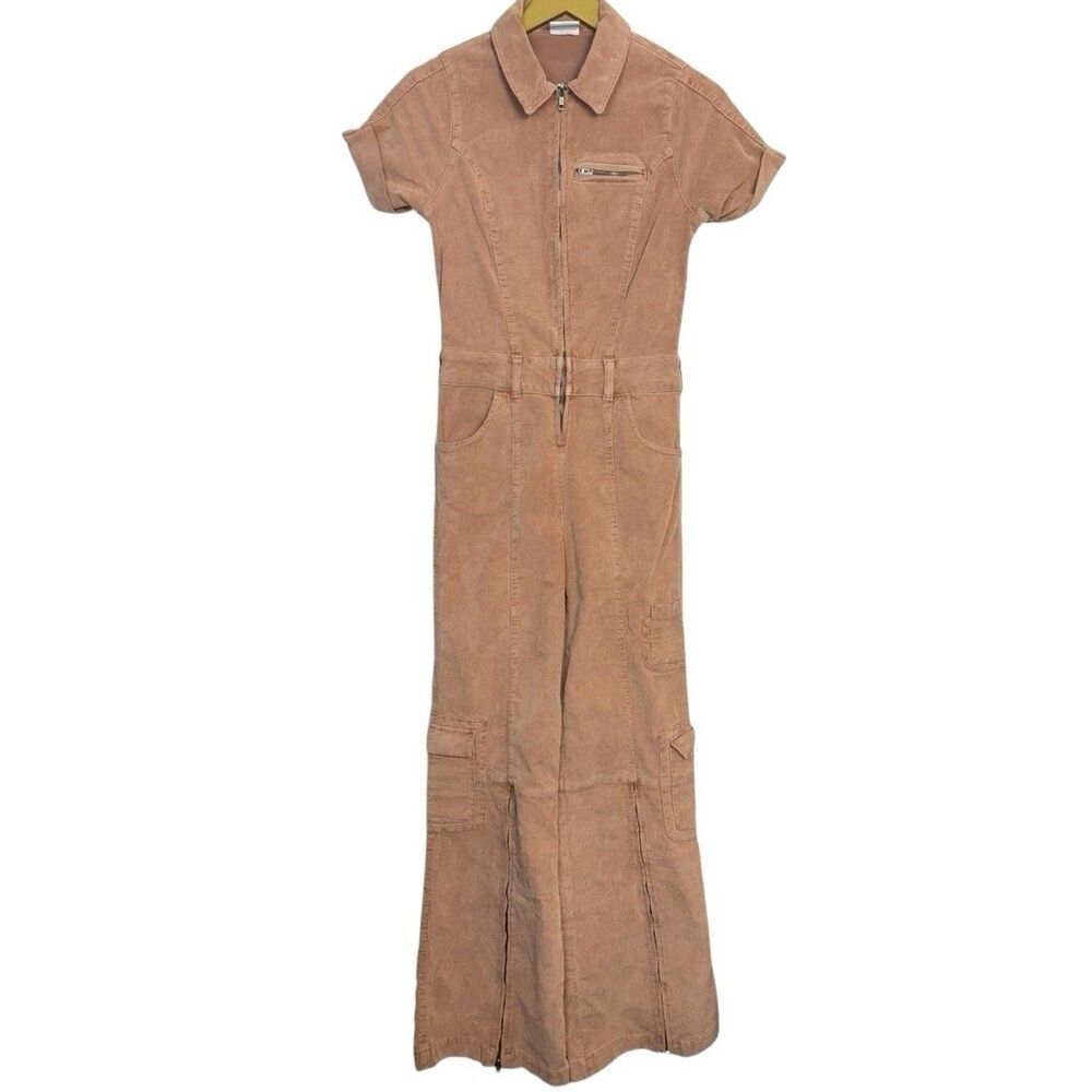 BDG Corduroy Zip Coverall Wide Leg Jumpsuit Size S Pink Utility Cargo 70s‎ Retro